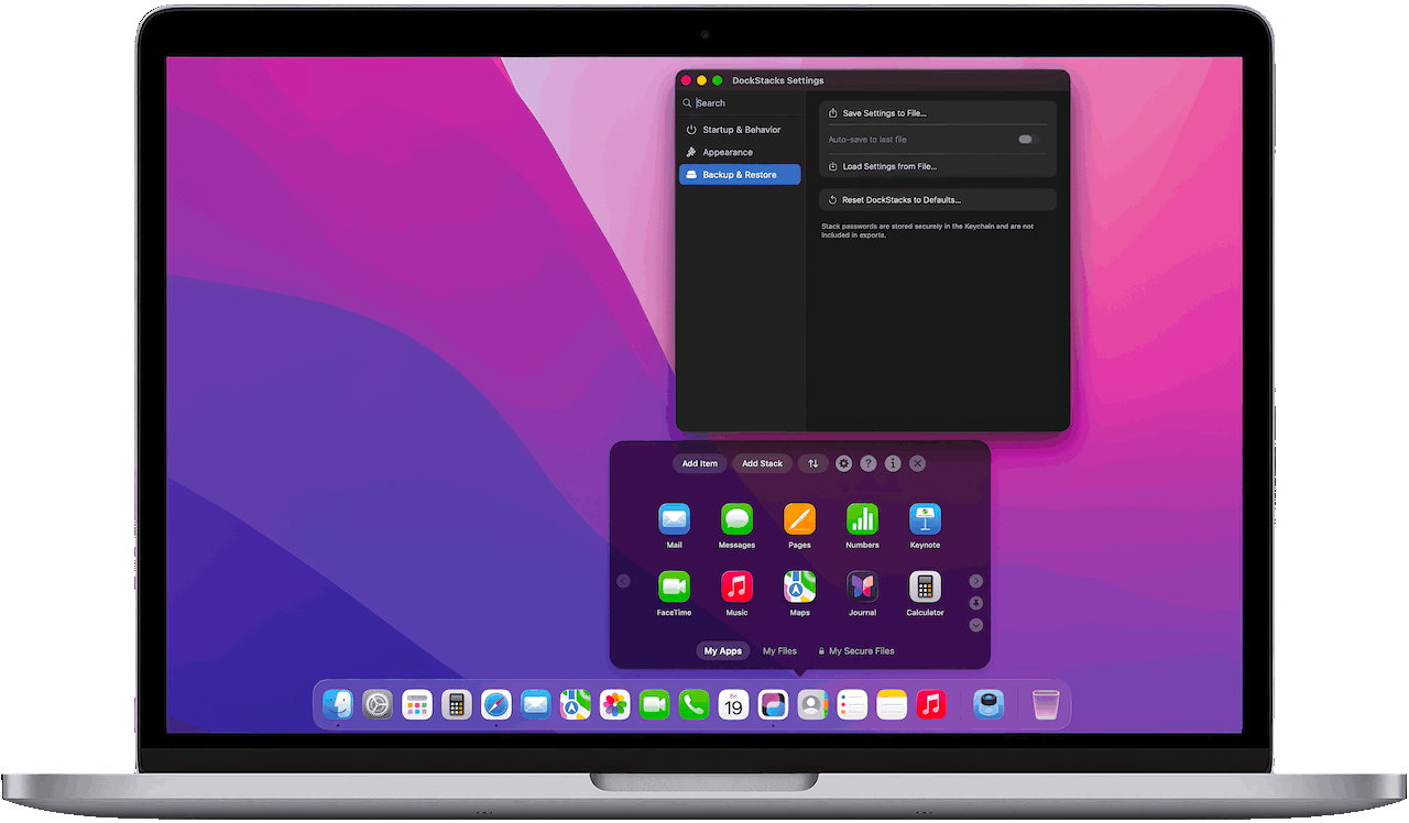 Built for macOS Image: DockStacks settings menu displayed on a laptop